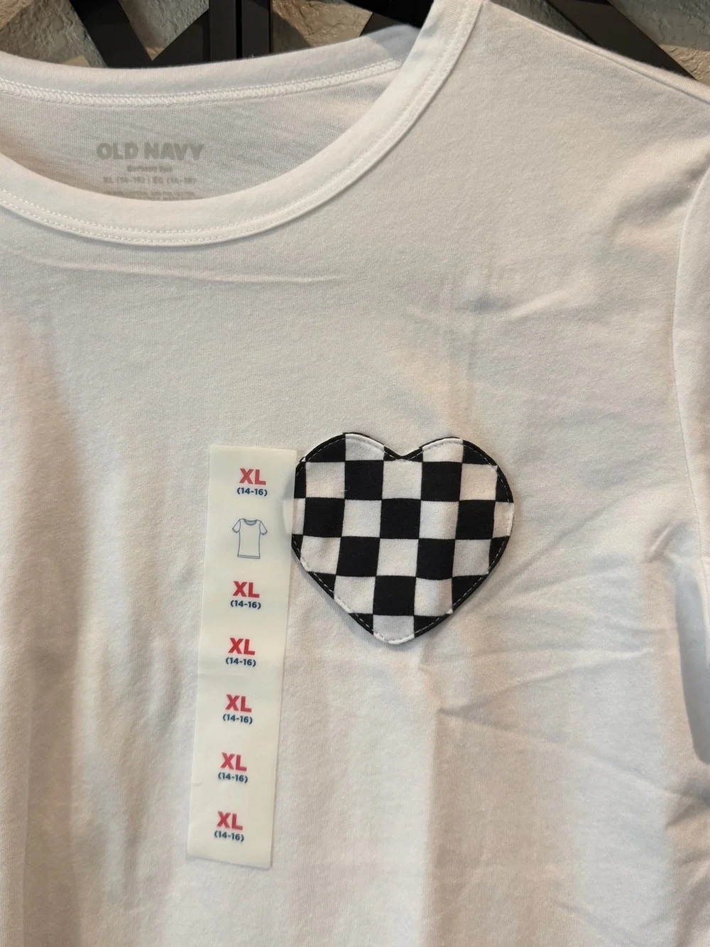 Old Navy White Short Sleeve Tee with Black & White Check Heart